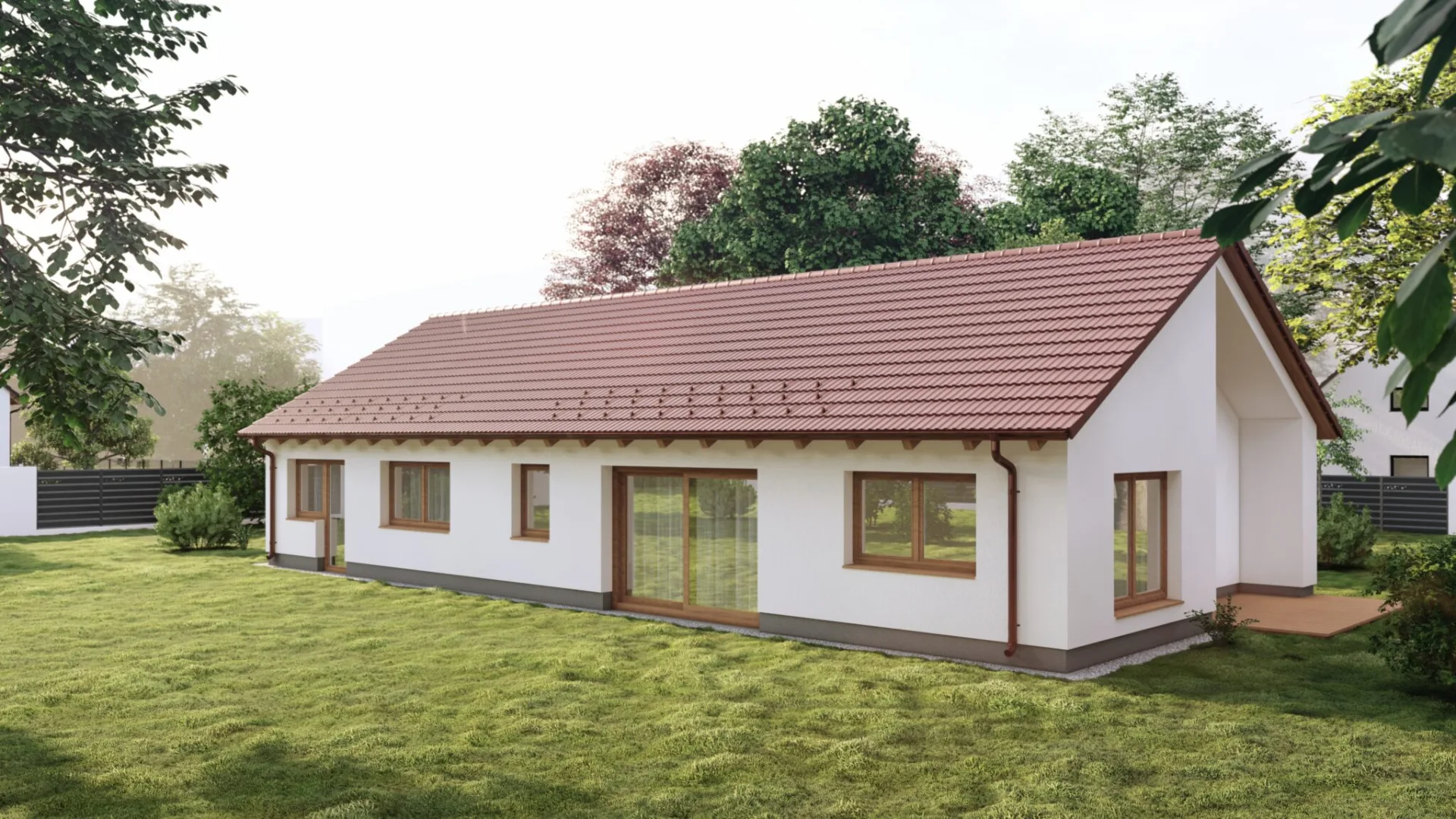 Novostavba rodinného domu – bungalov 4+kk, Nové Hrady – pohled ze zahrady na obytnou část