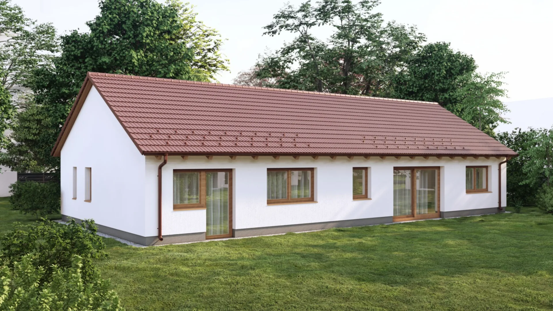 Novostavba rodinného domu – bungalov 4+kk, Nové Hrady – podélná fasáda bungalovu