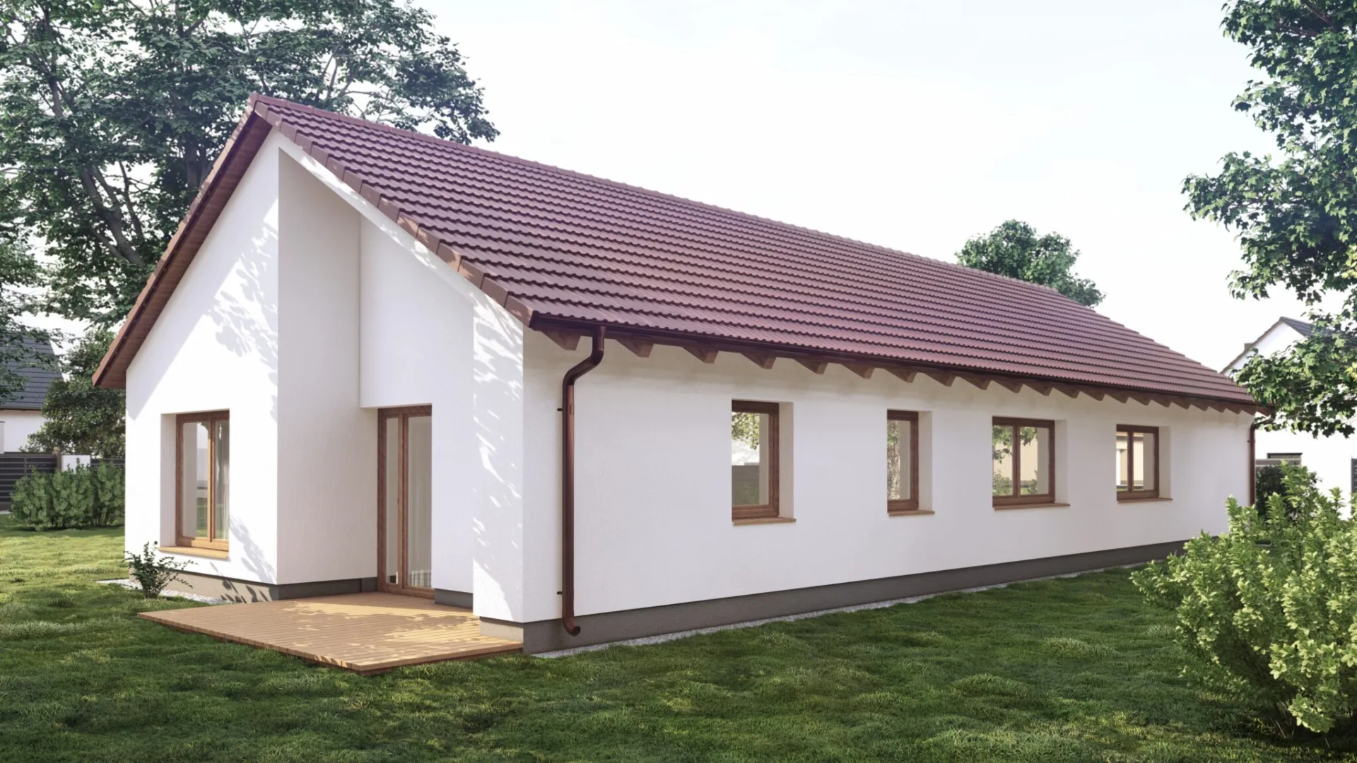 Novostavba rodinného domu – bungalov 4+kk, Nové Hrady – pohled na štít a terasu