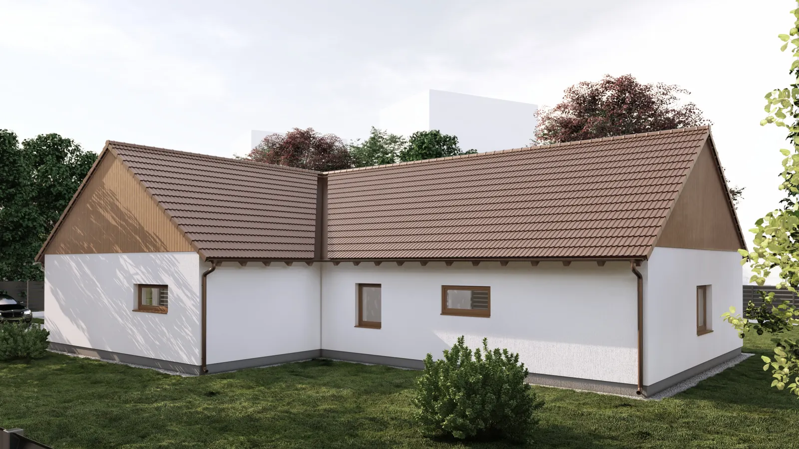 Přízemní rodinný dům do L, Buk u Vimperka – pohled na štíty s dřevěným obkladem