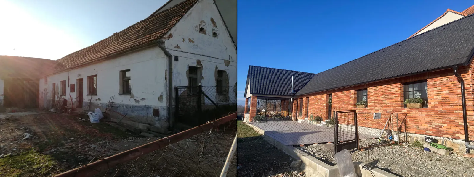 Stavební úpravy venkovského stavení, u Českých Budějovic – srovnání stavení před úpravami a po nich
