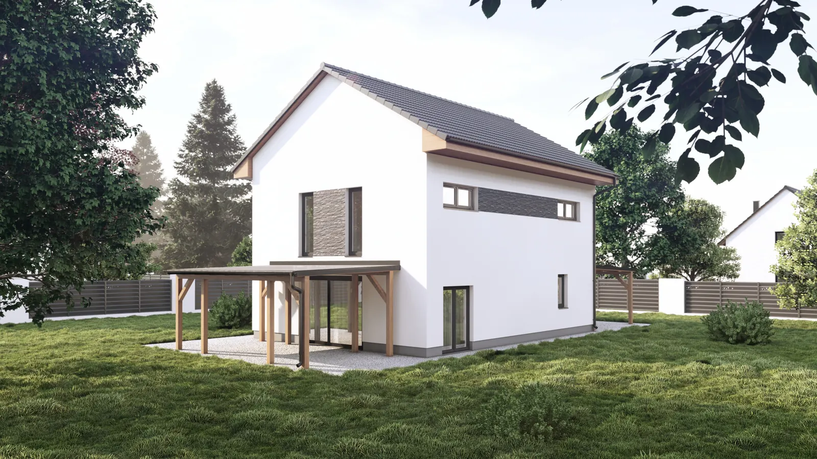 Patrový rodinný dům s přístřeškem, Čížkrajice – pohled na štít a terasu