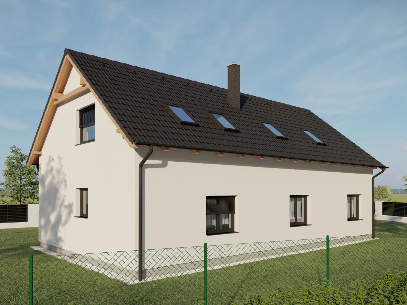 Rodinný dům s obytným podkrovím, Hůrky u Lišova – pohled na štít s komínem
