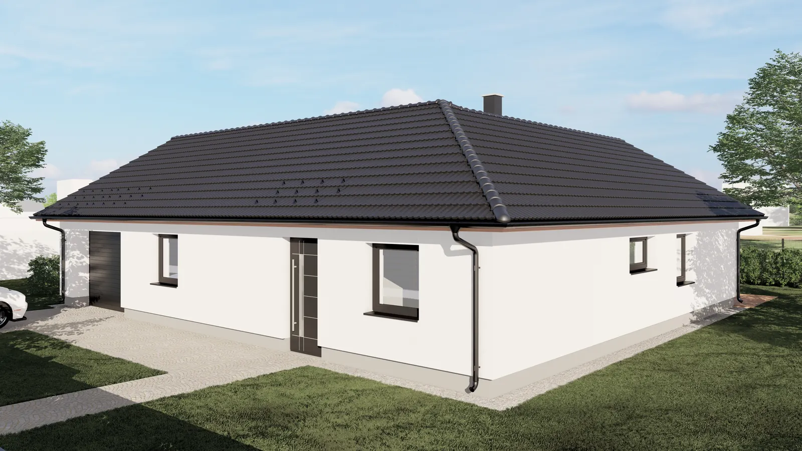 Přízemní rodinný dům s terasou, Kaliště u Lipí – pohled na vstup do domu
