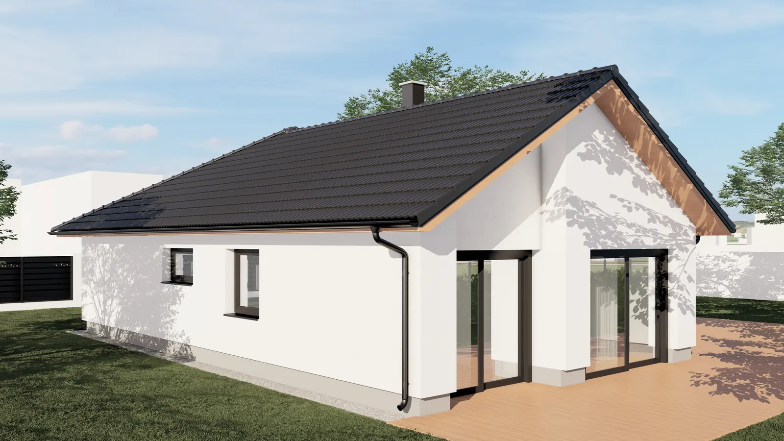 Přízemní rodinný dům s terasou, Kaliště u Lipí – pohled ze zahrady