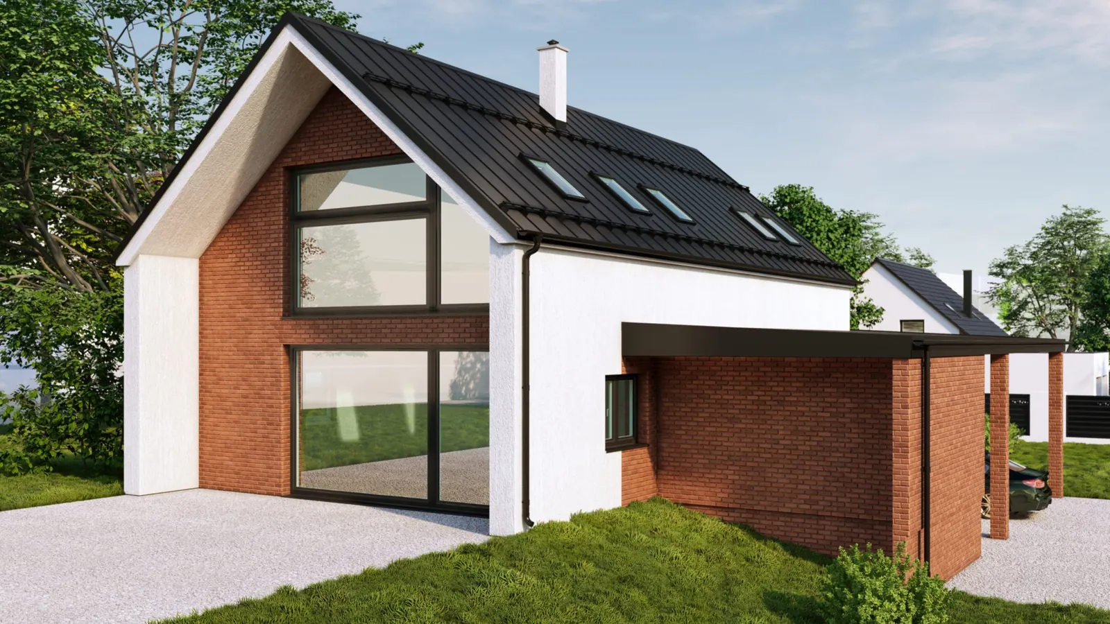 Rodinný dům s proskleným štítem, Katovice – prosklený štít s cihelným obkladem