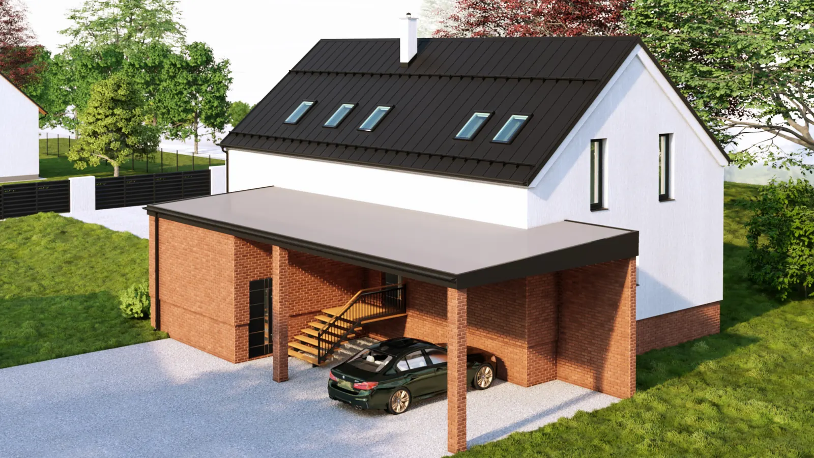 Rodinný dům s proskleným štítem, Katovice – přístřešek pro auta u vstupu do domu