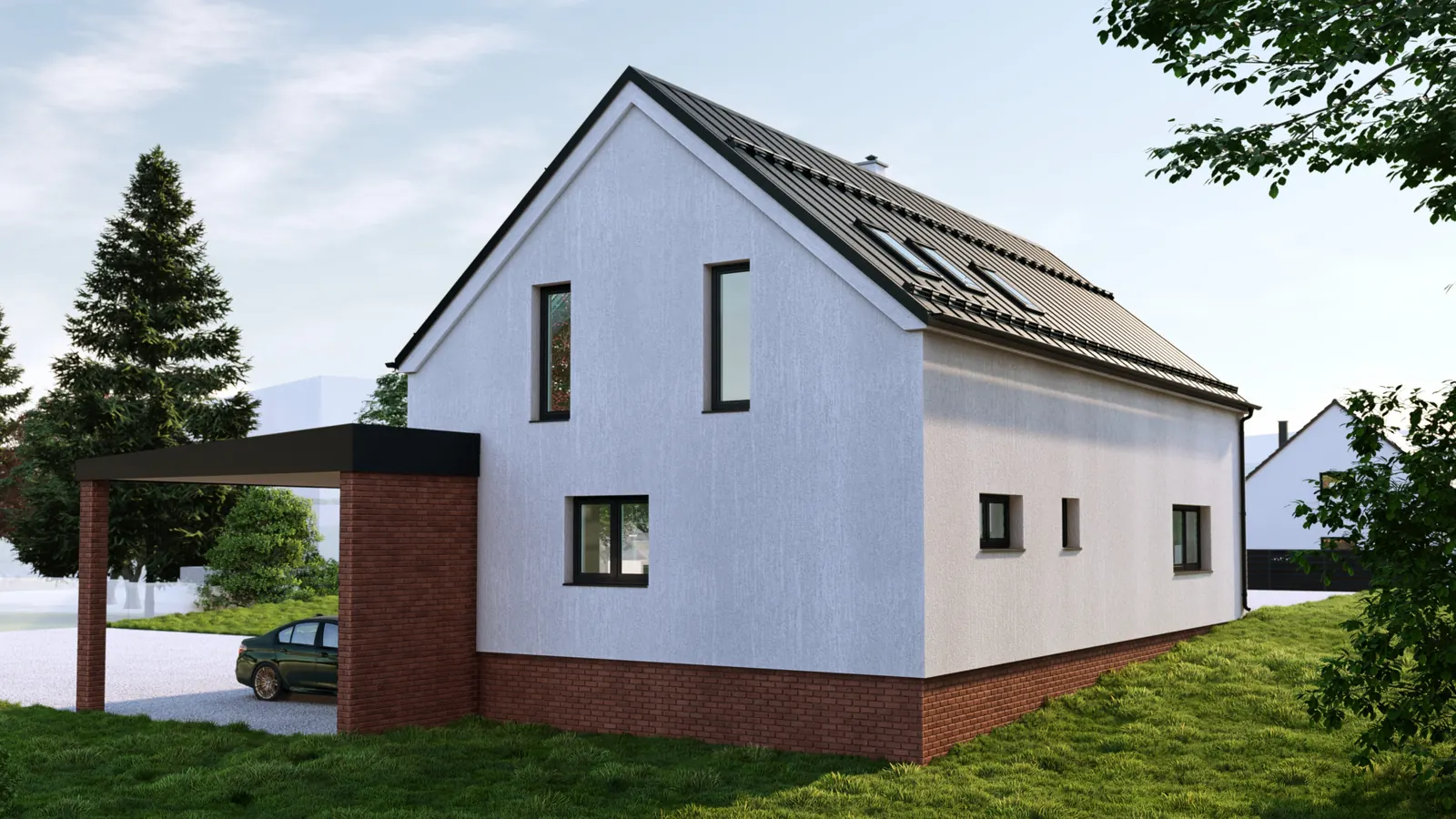 Rodinný dům s proskleným štítem, Katovice – pohled na zadní štít a přístřešek