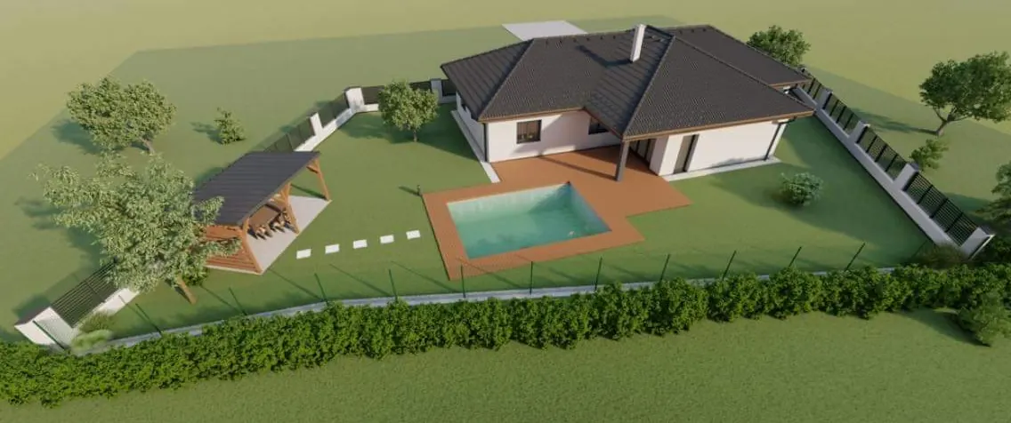 Bungalov s bazénem, Katovice – zahrada s bazénem a altánem z nadhledu