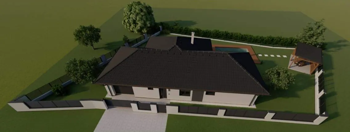 Bungalov s bazénem, Katovice – dům a pozemek z nadhledu od příjezdu