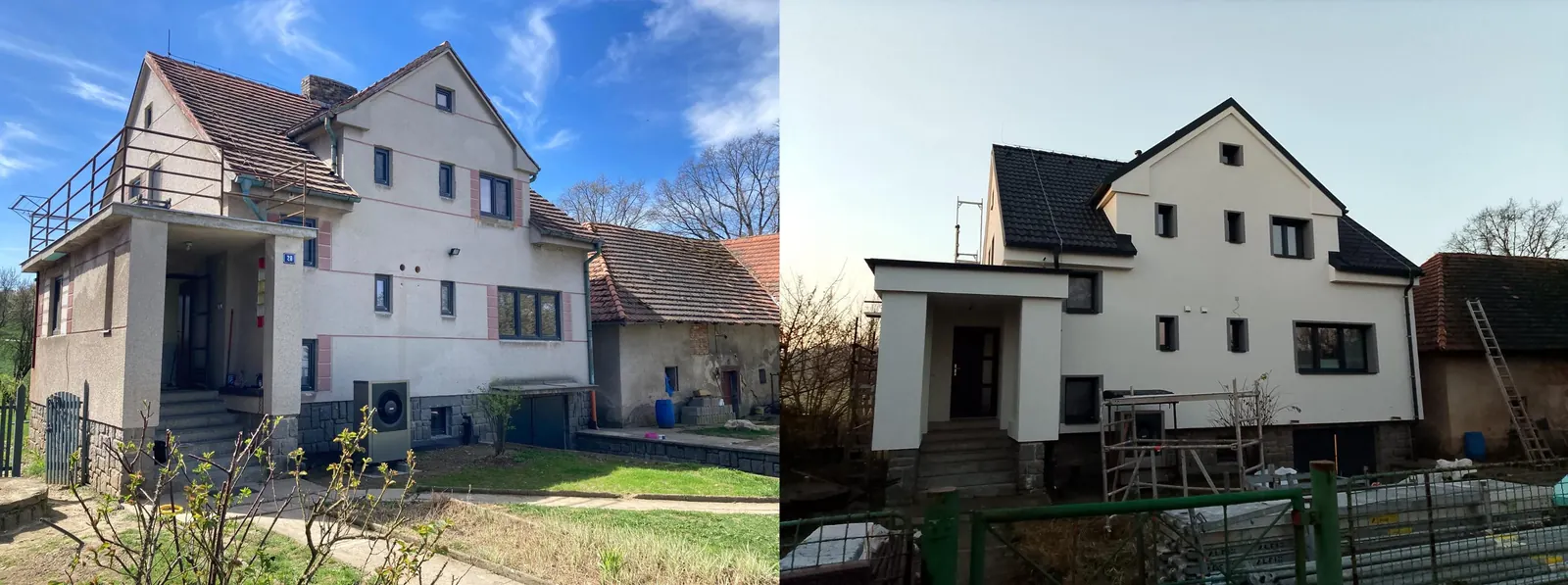 Rekonstrukce domu s dotací Oprav dům po babičce, Lom u Blatné – srovnání domu ze dvora před rekonstrukcí a po ní