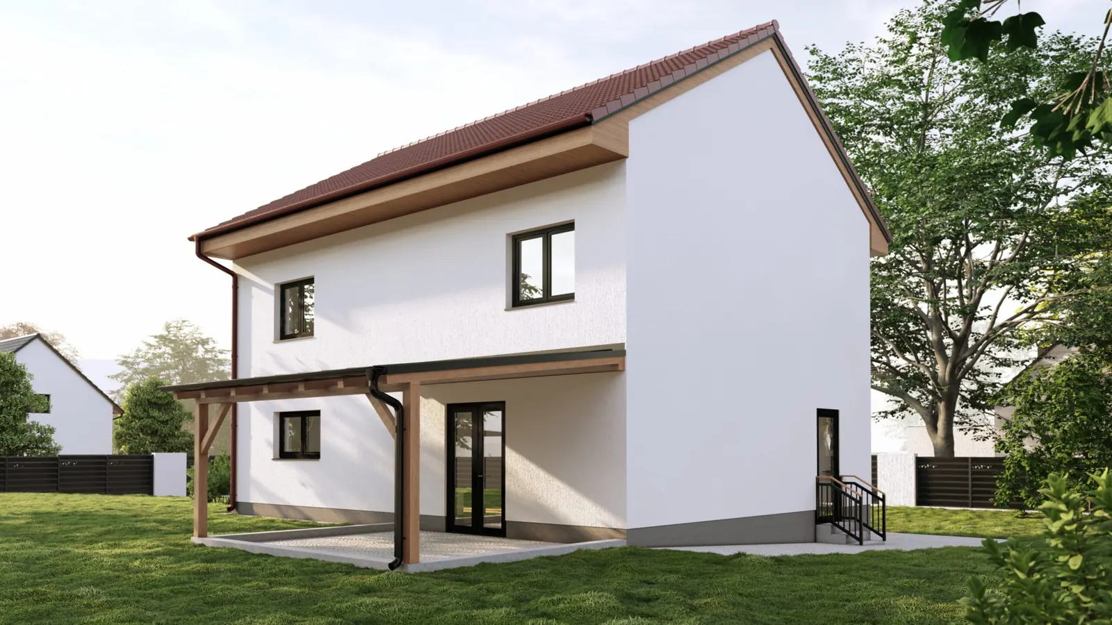 Patrový rodinný dům, Mirotice – pohled ze zahrady na dům s krytou terasou
