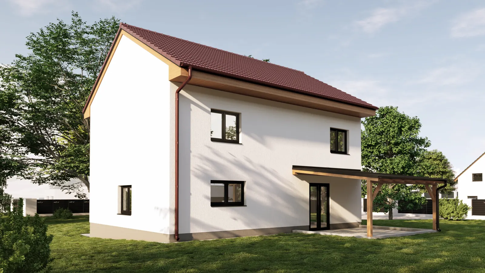Patrový rodinný dům, Mirotice – pohled na štít a terasu