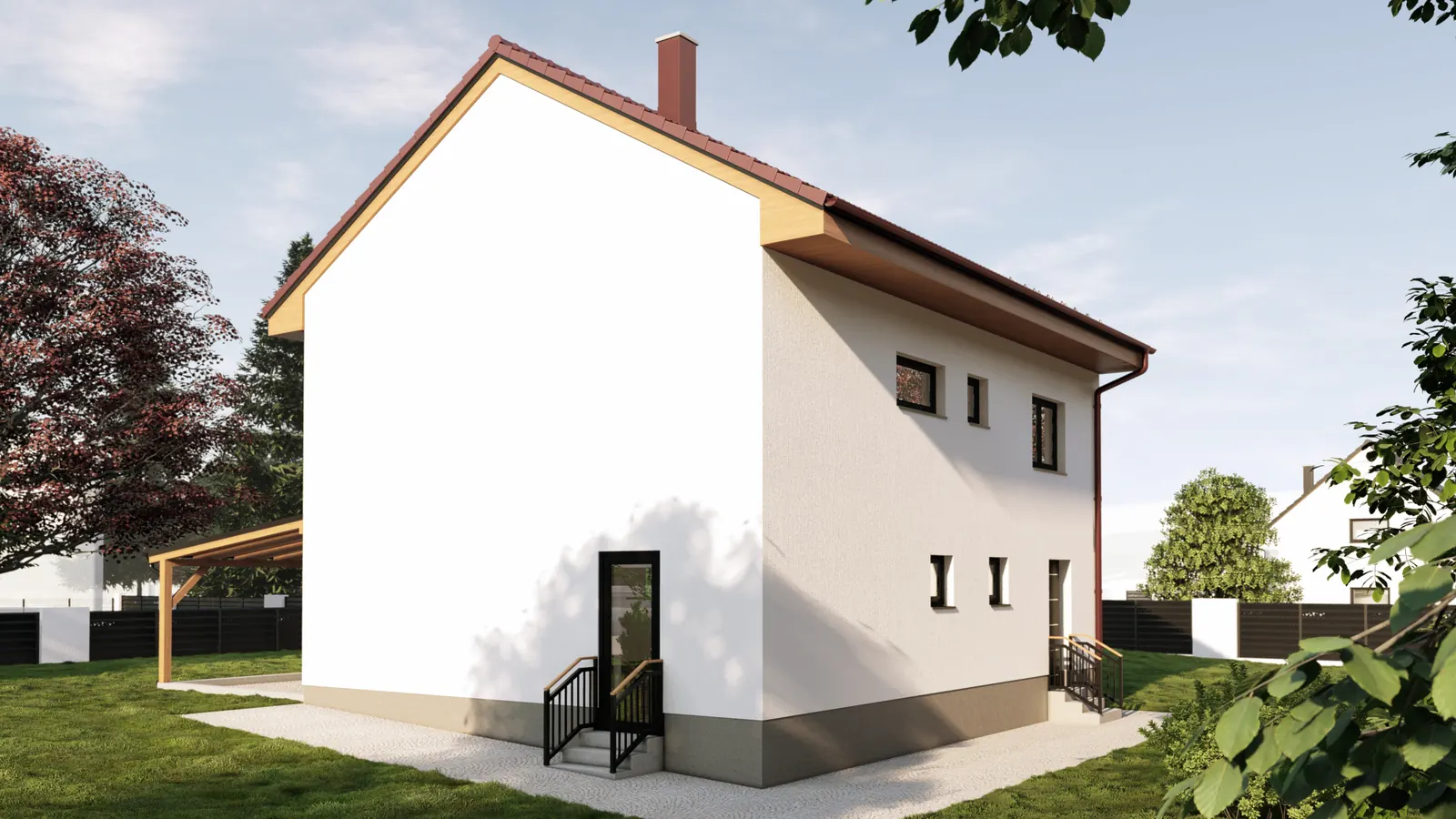 Patrový rodinný dům, Mirotice – pohled na štít a vstup do domu