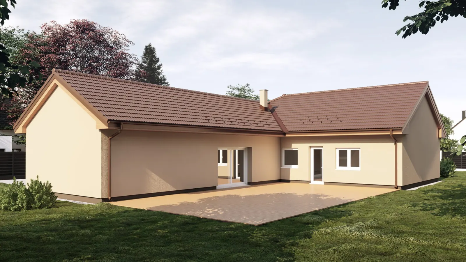 Přízemní rodinný dům s garáží, Planá u Českých Budějovic – pohled ze zahrady na terasu v zákoutí domu