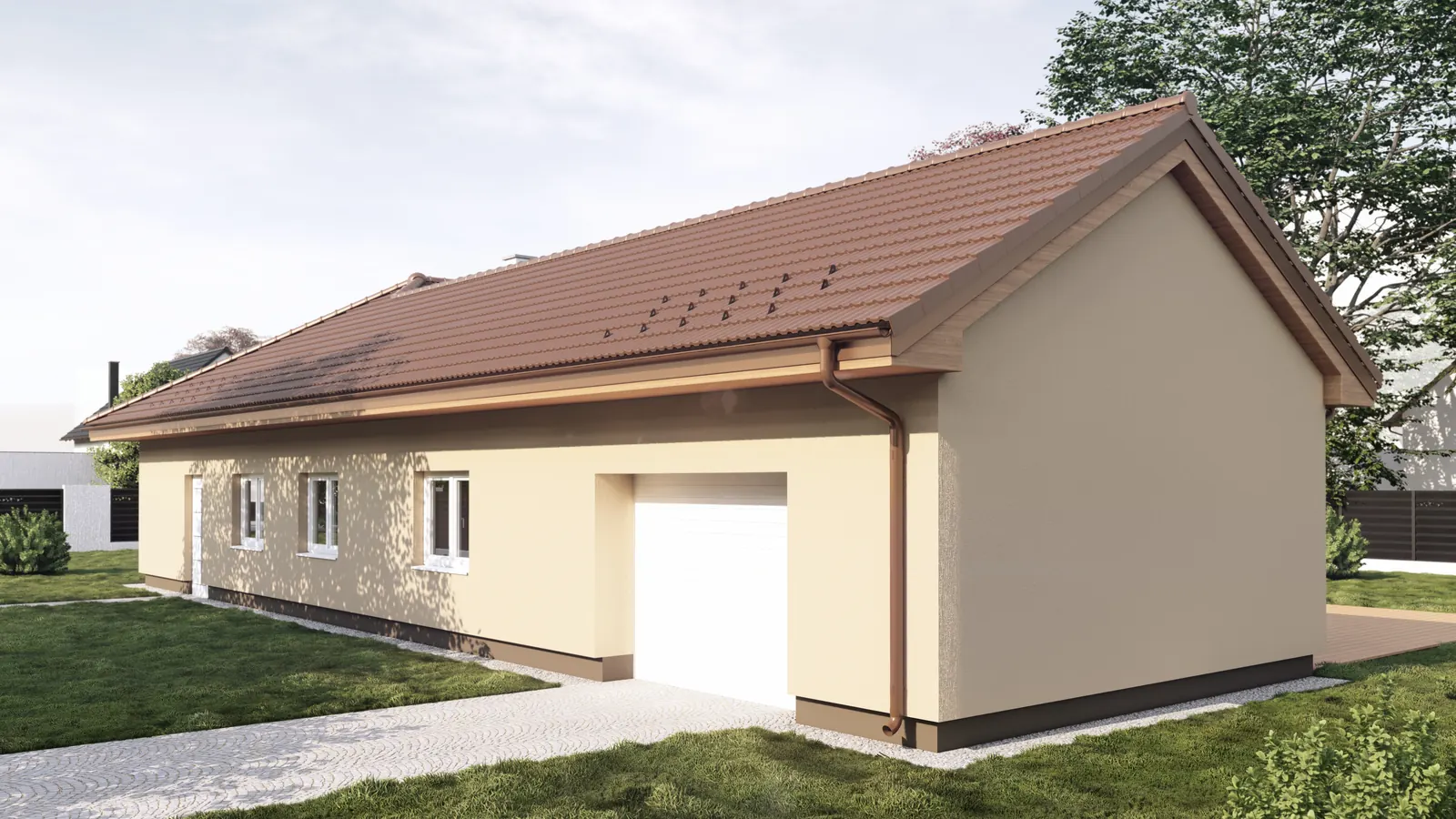 Přízemní rodinný dům s garáží, Planá u Českých Budějovic – pohled od příjezdu na garáž