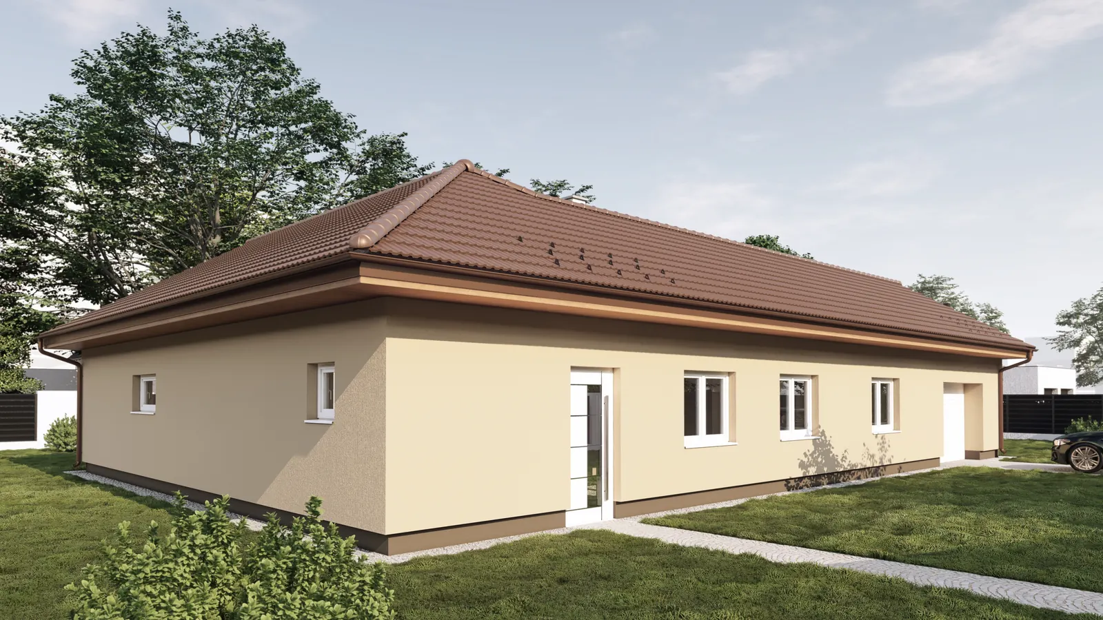 Přízemní rodinný dům s garáží, Planá u Českých Budějovic – uliční fasáda