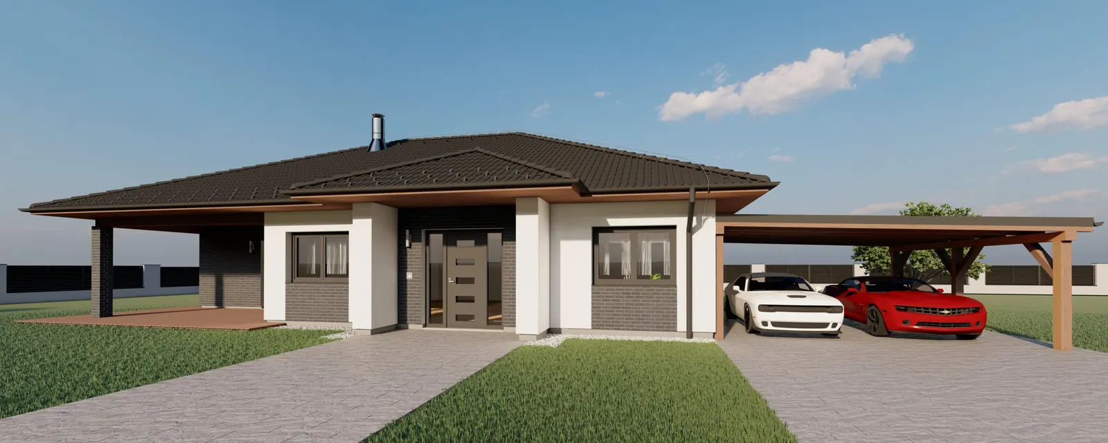 Bungalov s přístřeškem pro dvě auta, Poříčí u Strakonic – pohled od příjezdu na dům a přístřešek