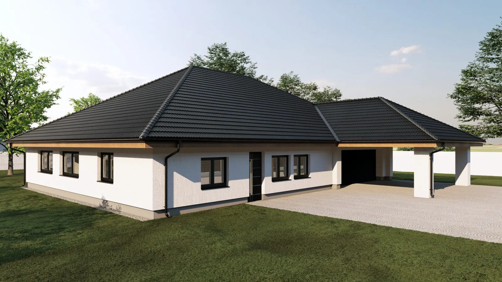 Bungalov s krytým stáním, Řepice – pohled od příjezdu na dům s krytým stáním