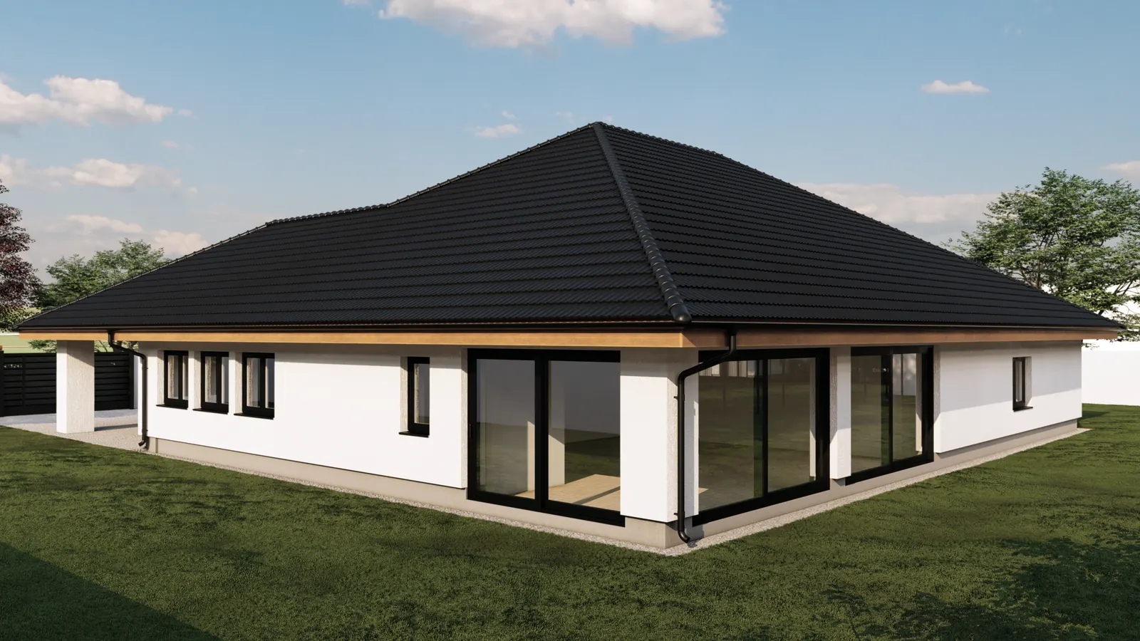 Bungalov s krytým stáním, Řepice – rohové prosklení obývacího pokoje do zahrady