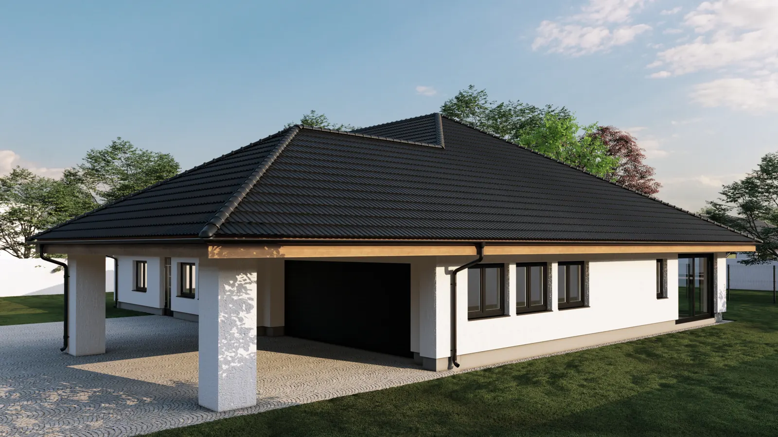 Bungalov s krytým stáním, Řepice – kryté stání pro auta pod společnou střechou