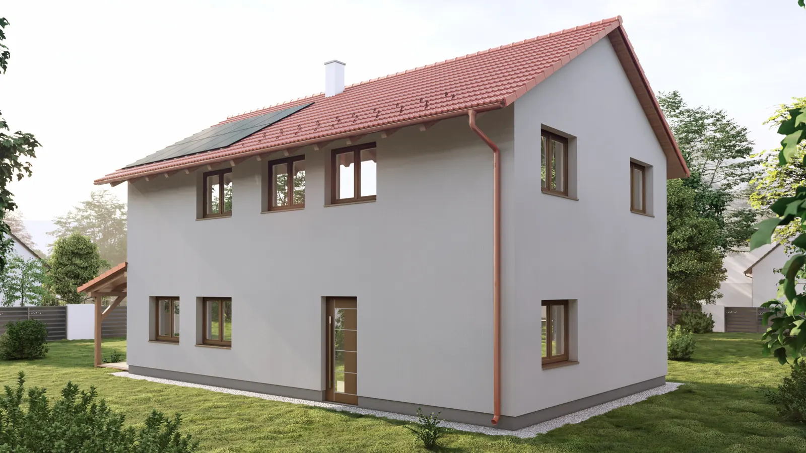 Rodinný dům s fotovoltaikou, Rovné pod Řípem – boční pohled s fotovoltaickými panely