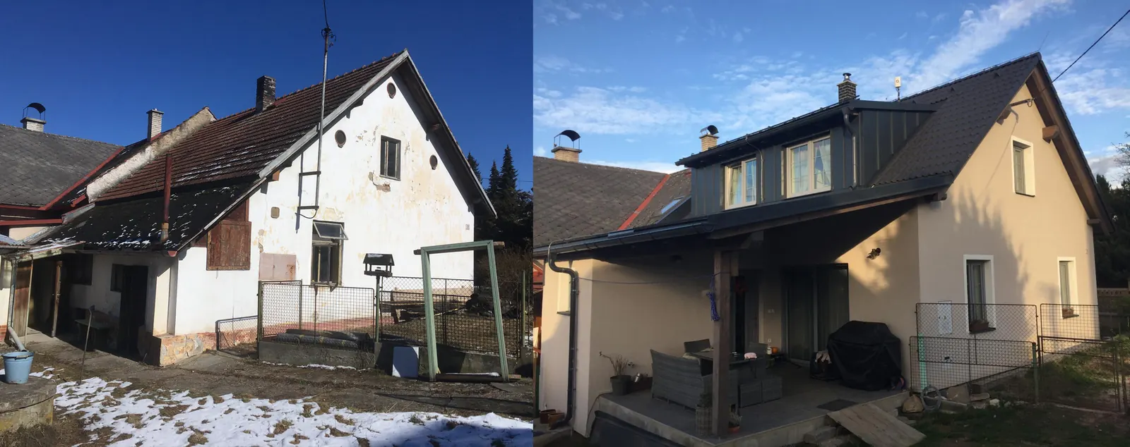 Stavební úpravy rodinného domu, u Sušice – srovnání chalupy před úpravami a po nich