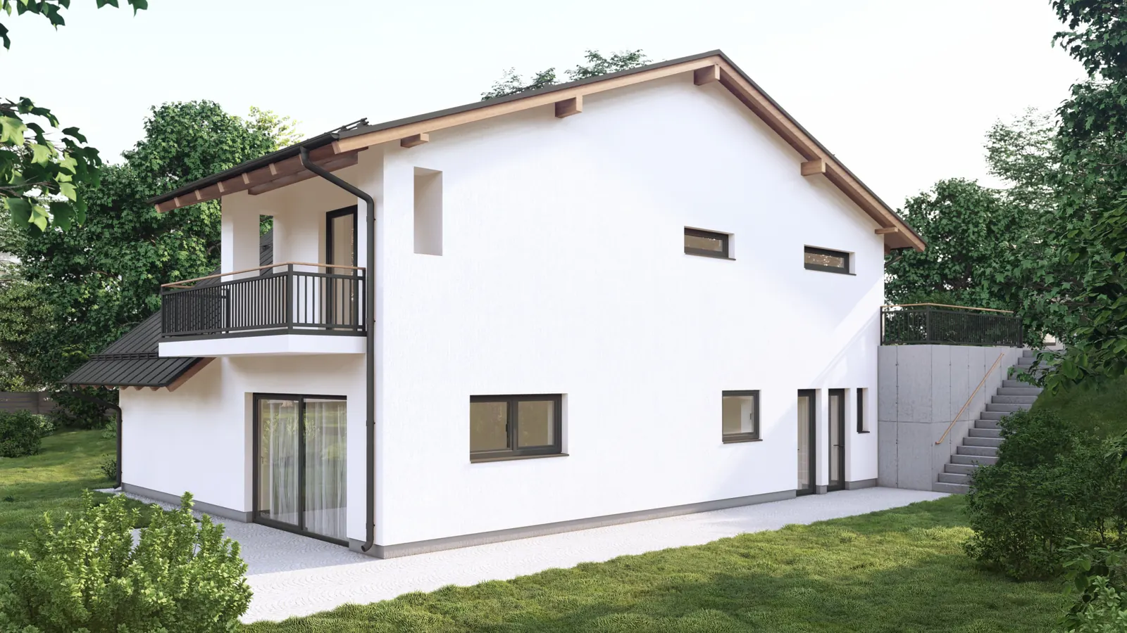 Rodinný dům ve svahu, Velešín – pohled ze zahrady na dvě podlaží s balkonem