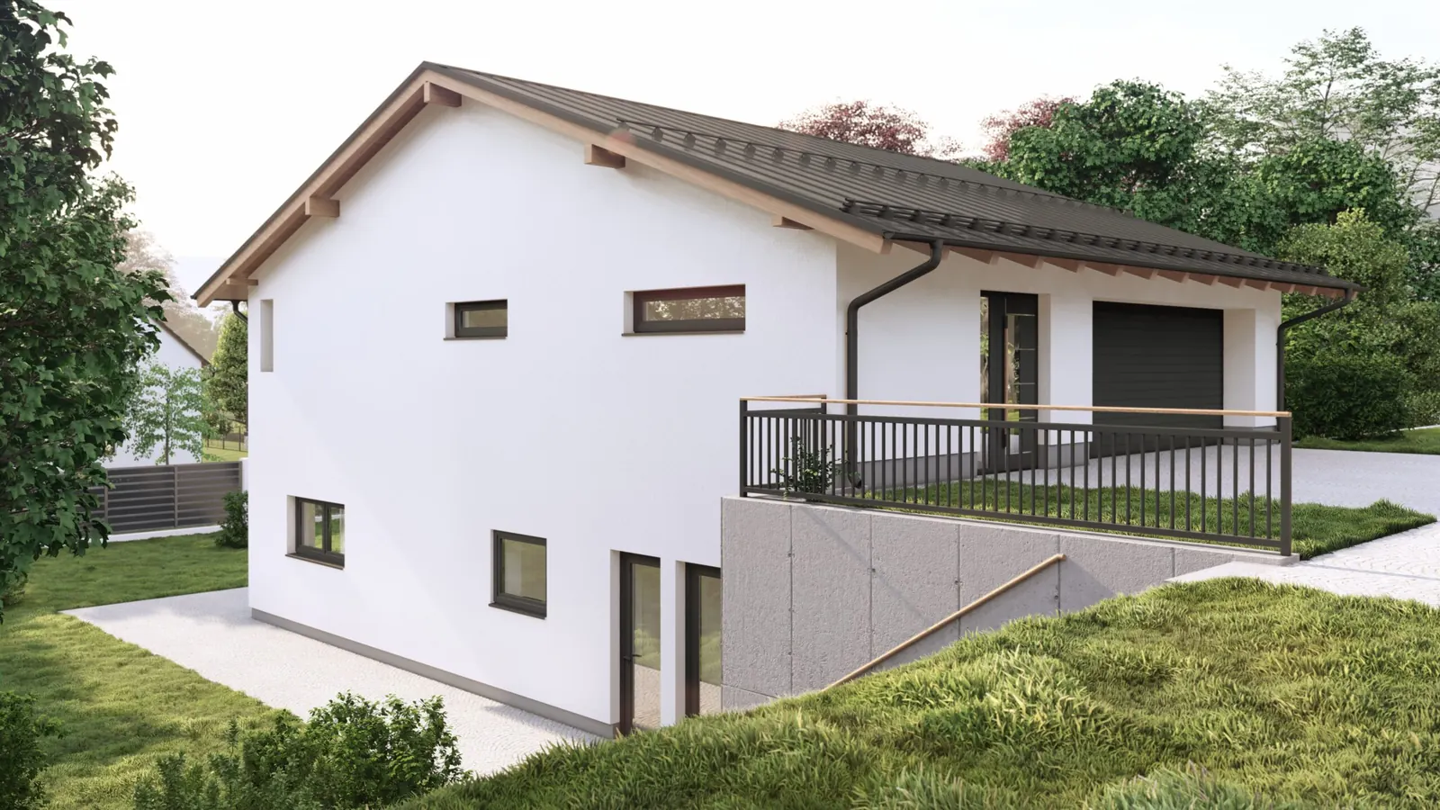 Rodinný dům ve svahu, Velešín – pohled na garáž a terasu se zábradlím nad svahem