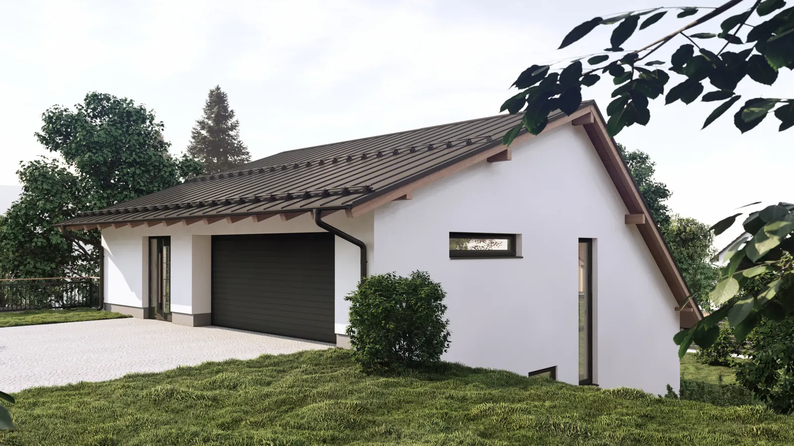 Rodinný dům ve svahu, Velešín – pohled z ulice na vjezd do garáže