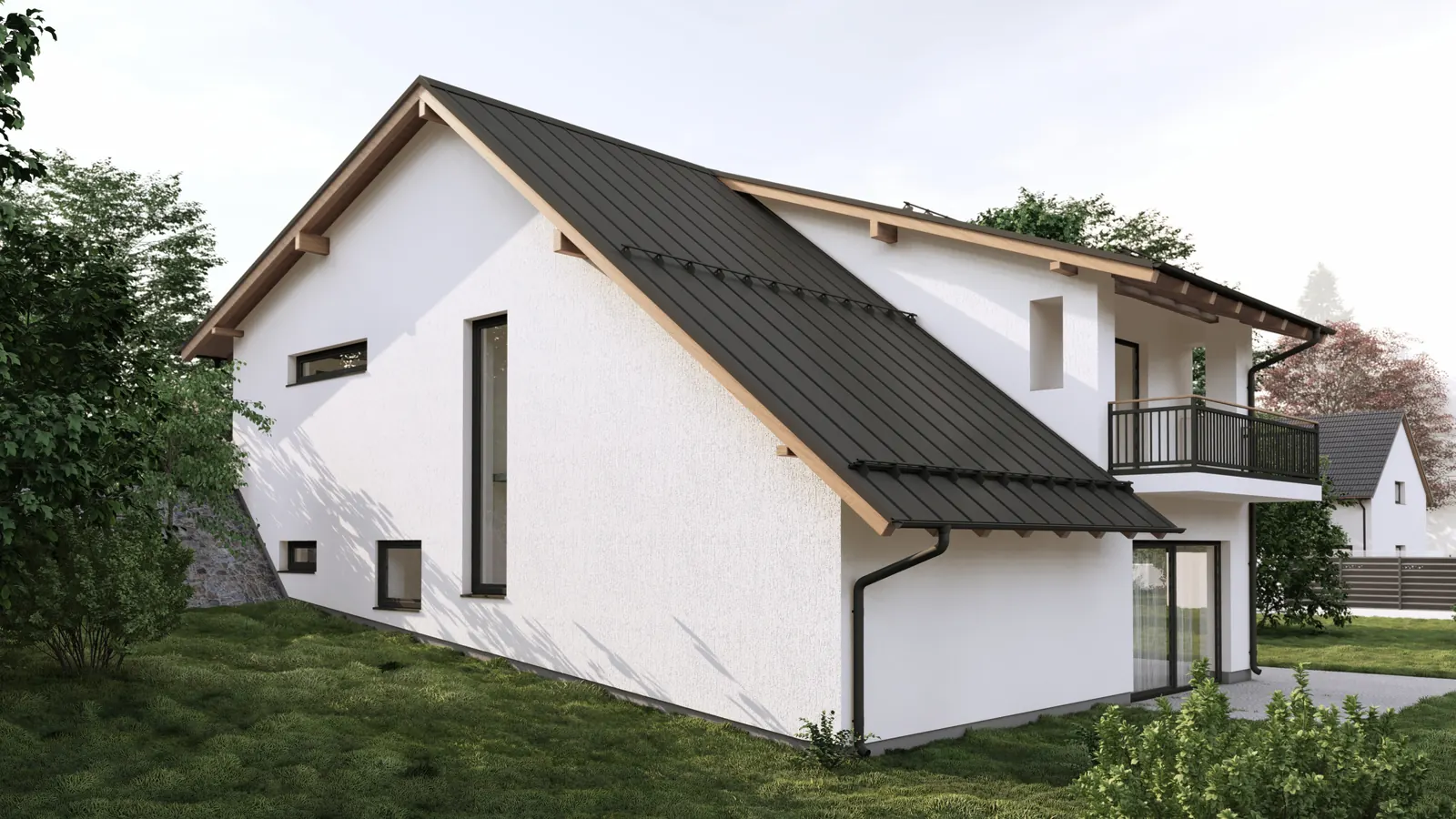 Rodinný dům ve svahu, Velešín – boční pohled na dům osazený ve svahu