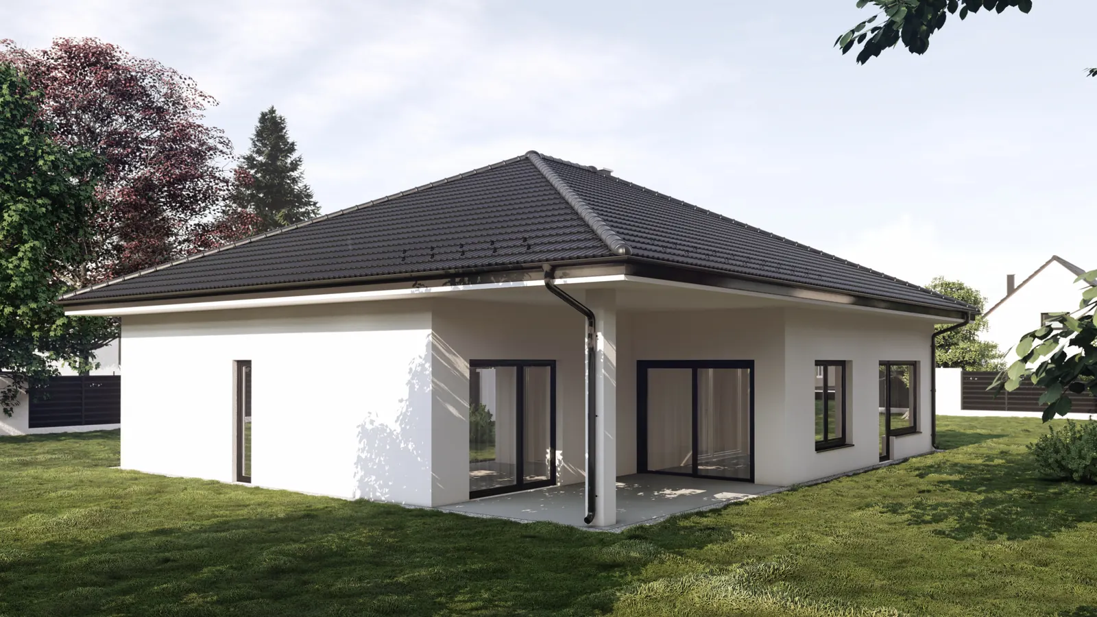 Bungalov s garáží, Věžovatá Pláně – pohled ze zahrady na krytou terasu