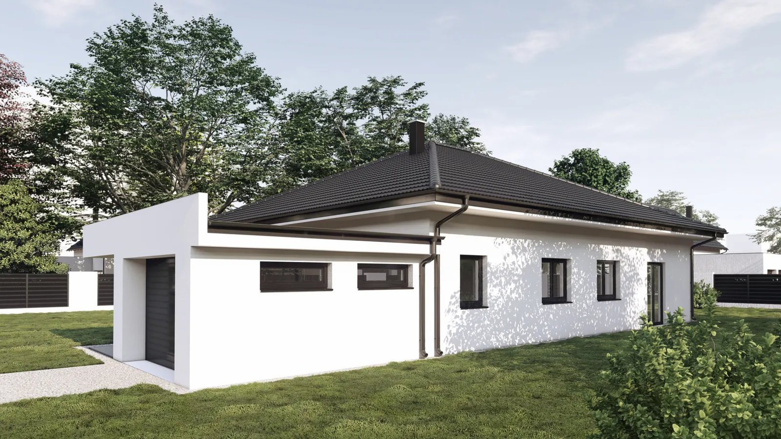 Bungalov s garáží, Věžovatá Pláně – pohled od příjezdu na garáž