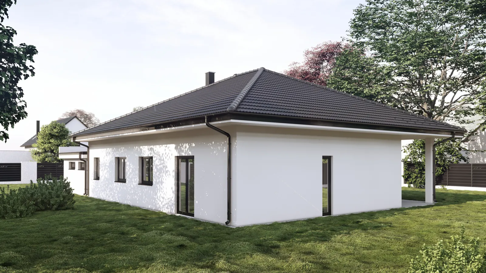Bungalov s garáží, Věžovatá Pláně – zadní pohled na dům