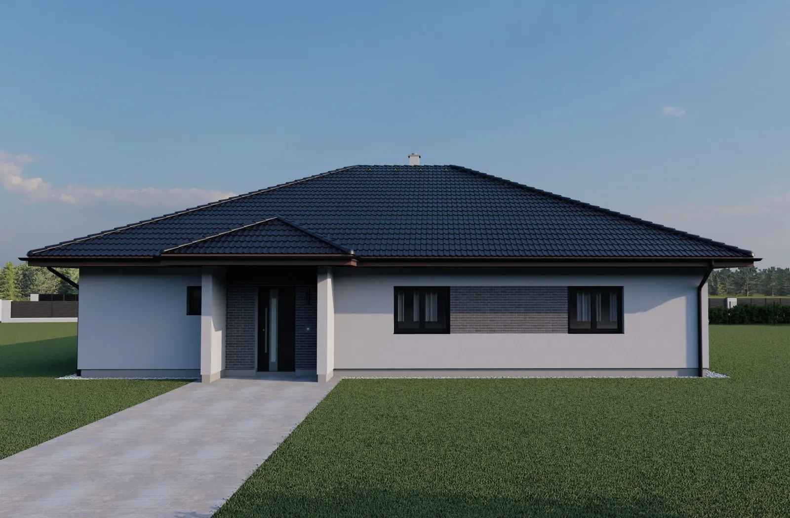 Bungalov s valbovou střechou, Vlkovice – čelní pohled na vstupní fasádu